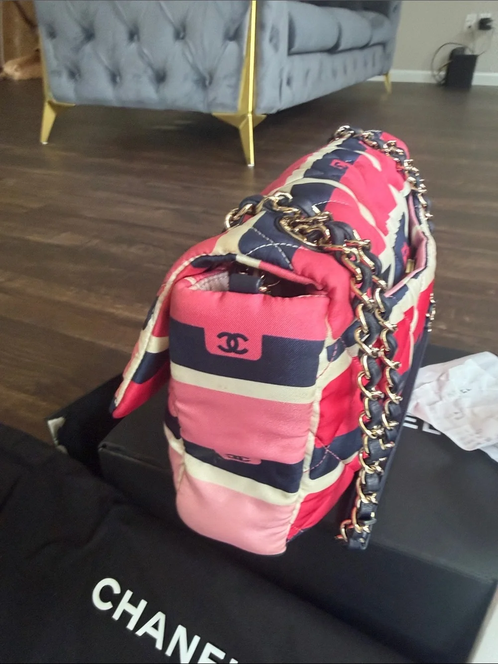 CHANEL Pink Quilted Shoulder Bag with Navy and Cream Grid